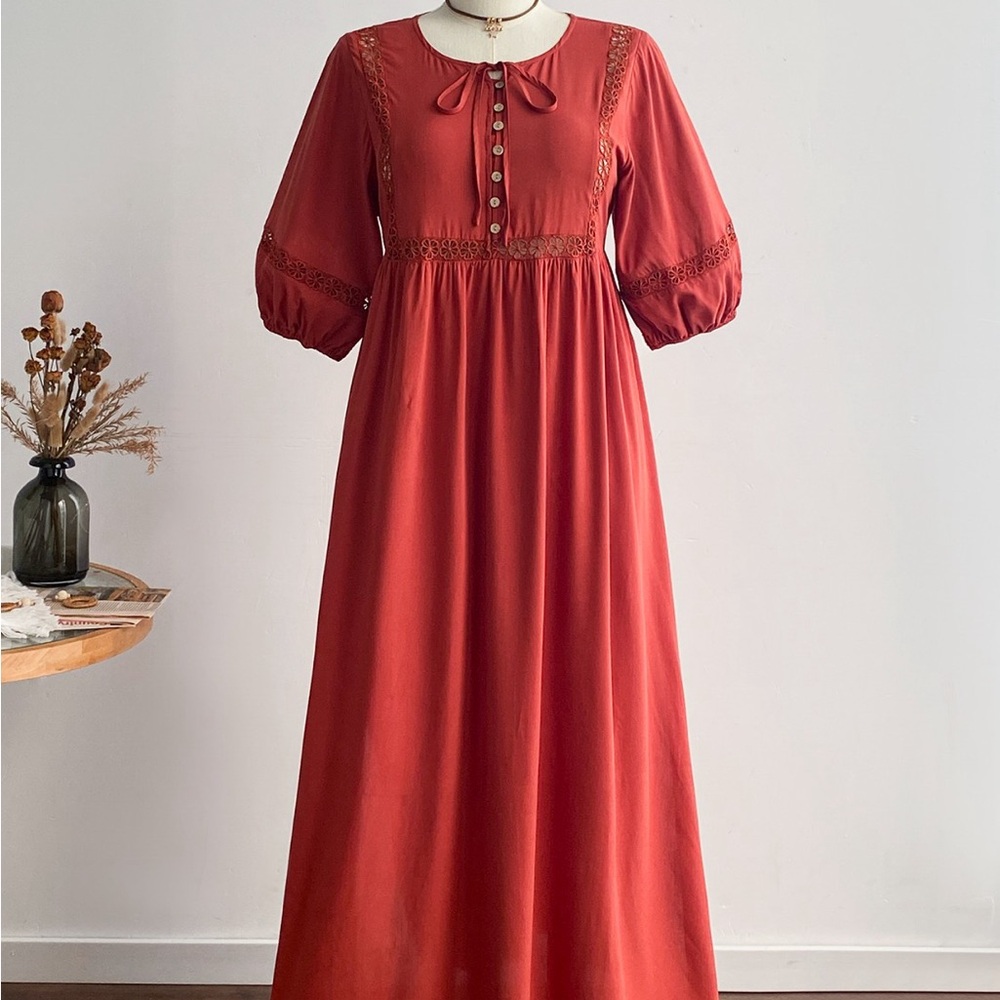 Plus Size Tie Neck Puff Sleeve Midi Dress with Lace Trim